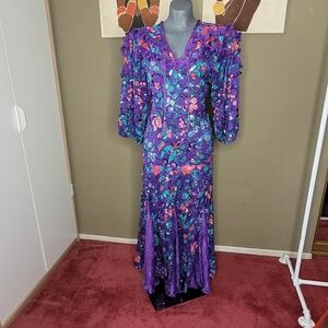 Vintage Diane Freis Boho Dress Purple and Blue Long Sleeve